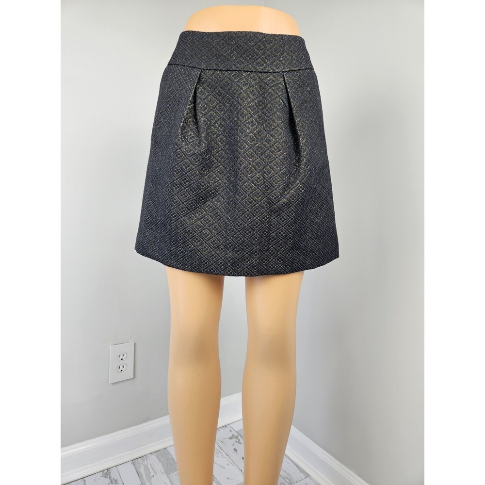 Ann Taylor LOFT Black Gold Metallic Jacquard Pleated Mini Skirt Size 4 Holiday